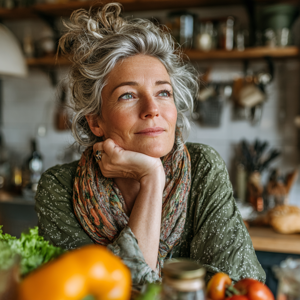 mature woman thoughtfully planning healthy meals in a bright kitchen