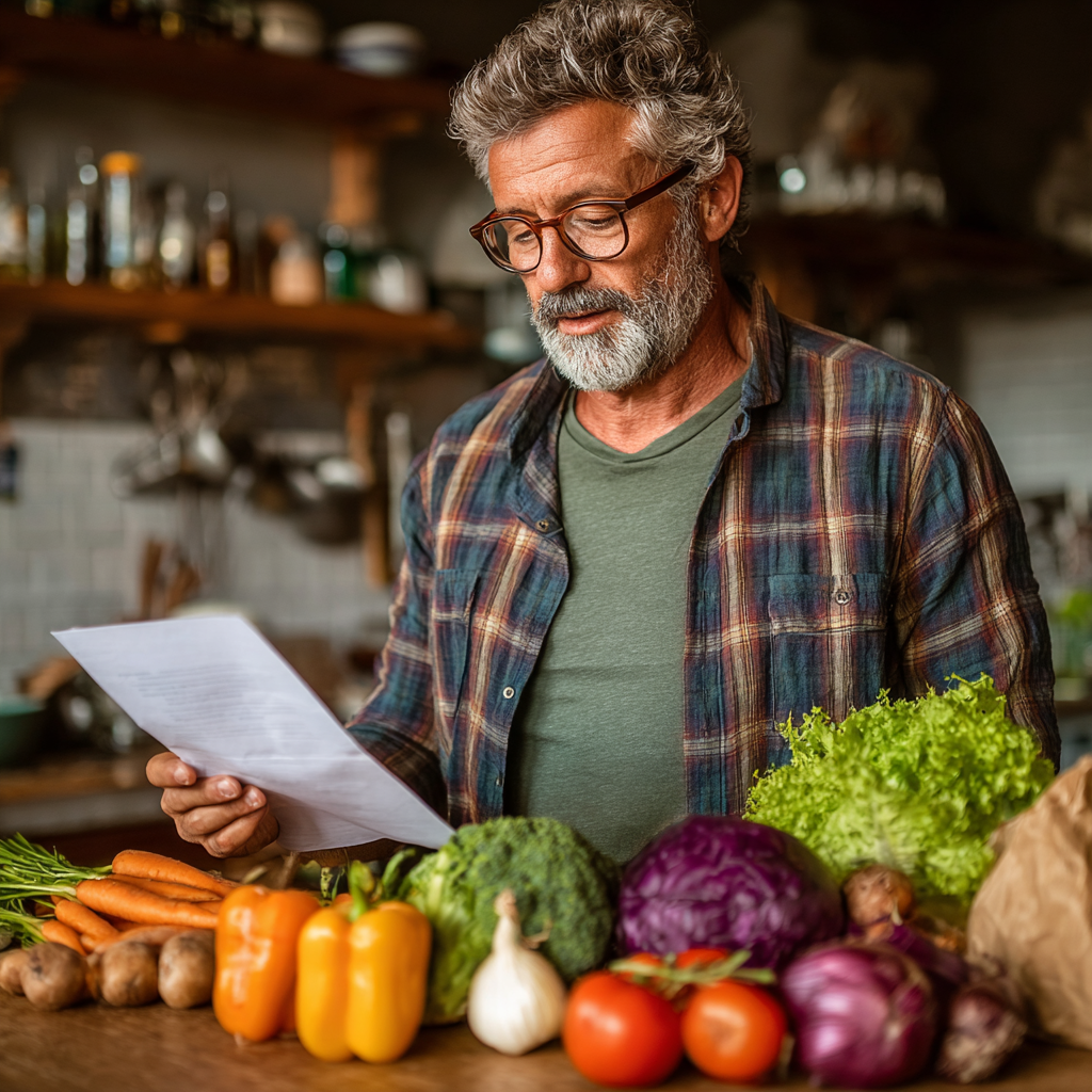 middle-aged man reviewing meal plans with nutritious ingredients